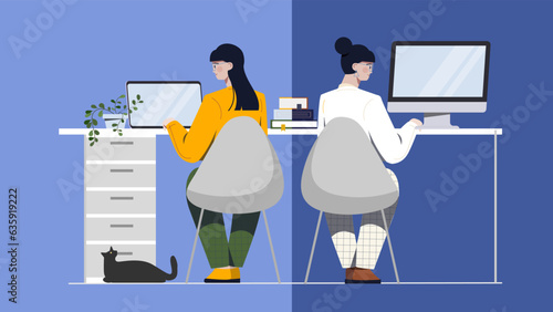 Woman in office and home concept. Freelancer vs office worker at computer. Remote work and earnings on Internet. Young girls at different workplaces. Cartoon flat vector illustration
