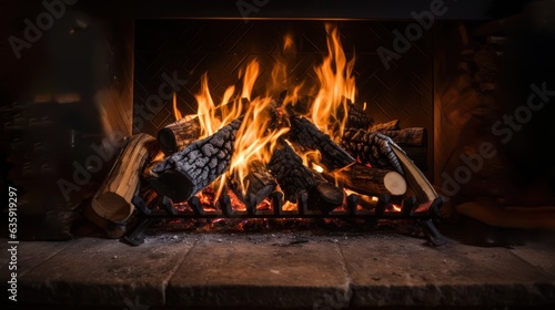 Fire in fireplace, burning wood flames on logs closeup