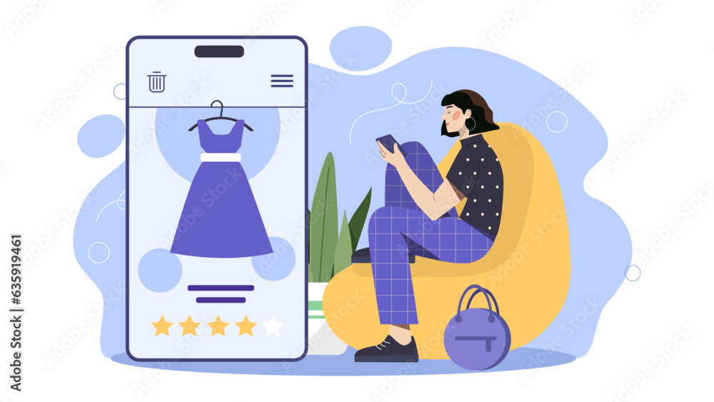 Woman with online shopping concept. Young girl with smartphone buying dress. Electronic commerce and marketing, advertising. Character with home delivery. Cartoon flat vector illustration Woman with online shopping concept. Young girl with smartphone buying dress. Electronic commerce and marketing, advertising. Character with home delivery. Cartoon flat vector illustration
