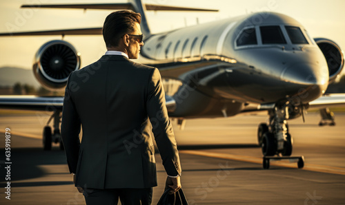 Elegant Arrival: Rich Businessperson on Airport Runway with Jet photo