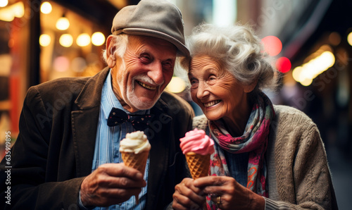 Senior Couple on Date Eating Ice Cream: A senior couple on a date, enjoying ice cream and each other's company.