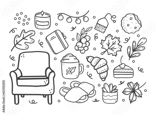 Set of fall season elements.  Pie, fallen leaves, slippers, croissant,electric garland, cookie, armchair. Isolated flat vector illustration. Hand drawn. For greeting card, wallpaper,  pattern fills, w