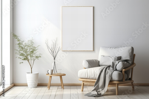 A minimalist oasis, the serene room features a stark white chair and a sleek table adorned with a vibrant houseplant, nestled against a textured wall with a whimsical wallpaper backdrop, all tied tog