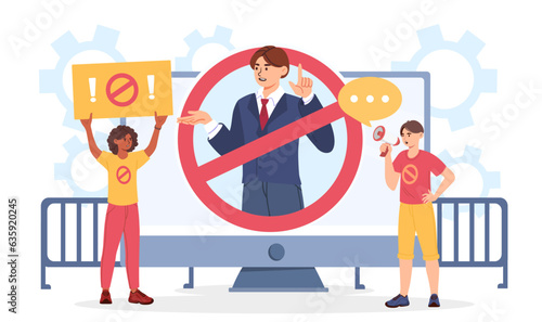 Protest against politician concept. Man and woman with placards on background of TV with crossed out MP. Freedom of speech and democracy, election. Cartoon flat vector illustration