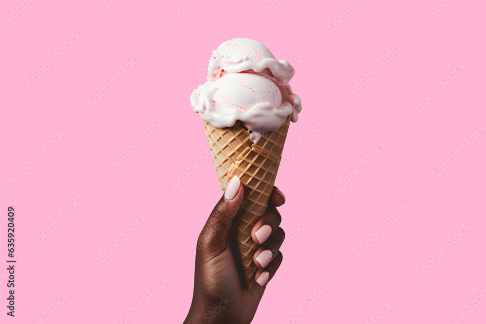American black female hand vanilla berry ice cream in waffle cone on pink background. High quality photo for design an advertising, banner, website American black female hand vanilla berry ice cream in waffle cone on pink background. High quality photo for design an advertising, banner, website