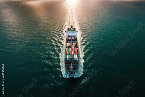 Aerial View from drone of Container Cargo Ship In Sea. Container ship or cargo shipping business logistic. Import and export freight transportation.