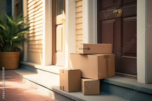 Online purchase delivery service concept. Cardboard parcel boxes delivered outside the door. Parcel on the doorstep of a house near entrance door. Moving to new apartment, transportation service © Alina