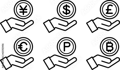 お金のコインと手のアイコン（円・ドル・ユーロ・ポンド・ビットコイン・ポイント）, money and hand icon (yen, dollar, euro, pound, bitcoin, point)