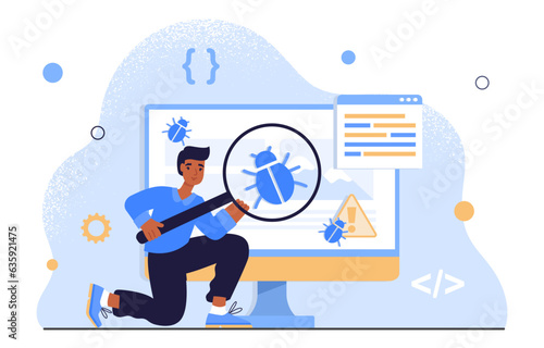 Software tester concept. Man with magnifying glass near program or application. Young guy fixes bugs, fixes errors in code. Protection against viruses and hackers. Cartoon flat vector illustration