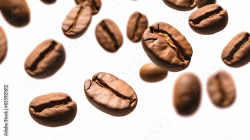 Coffee beans levitate on a white background, close-up