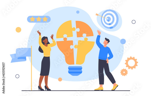 People with teamwork concept. Man and woman near parts of light bulb. Collaboration and cooperation, partnership. Colleagues working on common project. Cartoon flat vector illustration