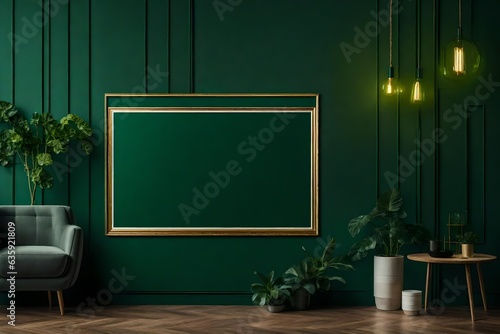 Poster frame mockup in dark green living room interior , Generative ai