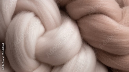 Soft close-up, winter cocooning in warm wool, wellness feeling, winter colors, beautiful yarns. Cashmere, luxury, wool yarns, cocooning, felting wool, knitting wool, felt, fiber. Knitting, crochet. photo