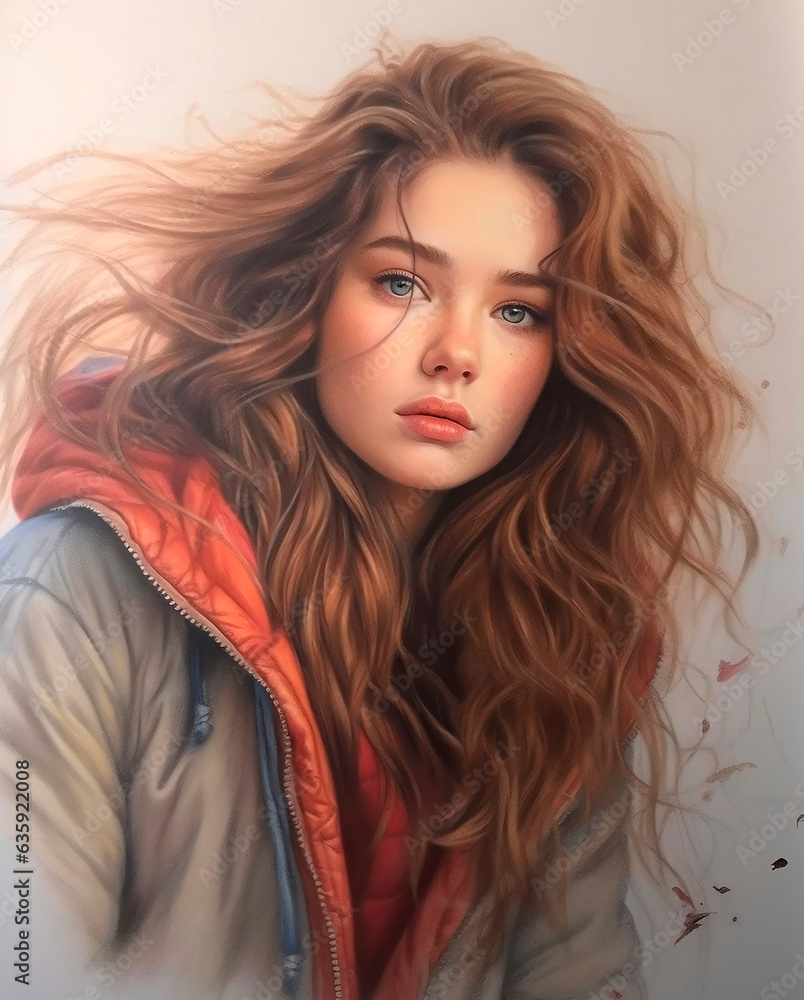 Naklejka premium Portrait of a beautiful young woman with long wavy hair.
