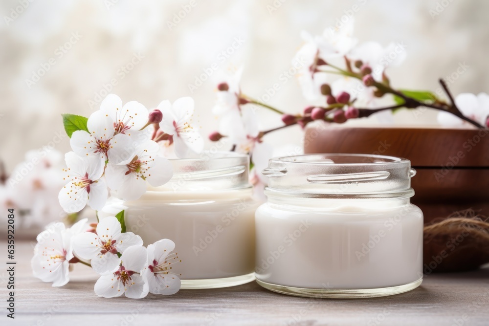 Beauty and spa theme with natural organic eco cosmetics in open jars with blooming cherry flowers generative ai Beauty and spa theme with natural organic eco cosmetics in open jars with blooming cherry flowers generative ai