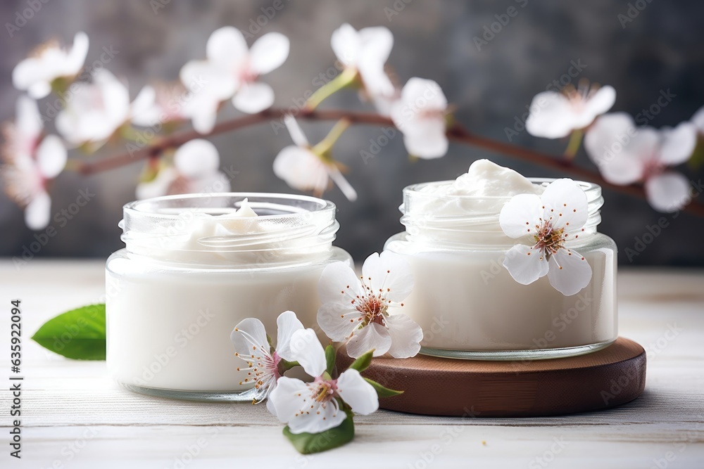 Beauty and spa theme with natural organic eco cosmetics in open jars with blooming cherry flowers generative ai Beauty and spa theme with natural organic eco cosmetics in open jars with blooming cherry flowers generative ai