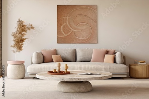 A modern living room décor composed of a mock up poster frame wooden side table, a beige sofa, and little home ornaments. showing a home creatively. The wall is empty. Copying space is available photo