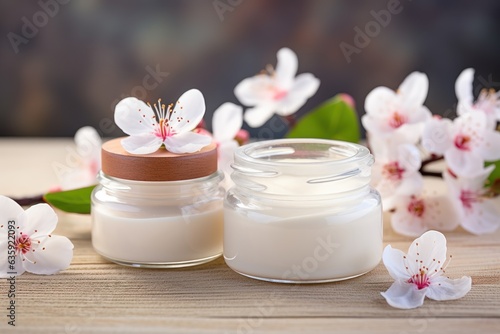 Beauty and spa theme with natural organic eco cosmetics in open jars with blooming cherry flowers generative ai