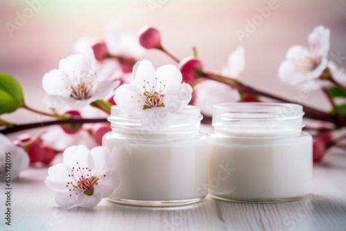 Beauty and spa theme with natural organic eco cosmetics in open jars with blooming cherry flowers generative ai