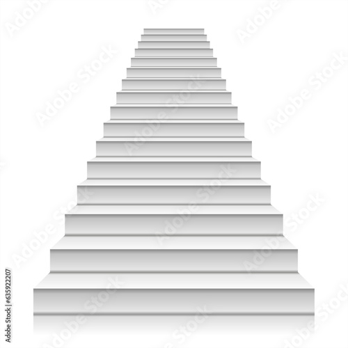 White staircase realistic illustration, isolated on white background. Front view of white staircase. Steps up. A symbol of the Achievements. Blank mockup for platform. Front view of white staircase