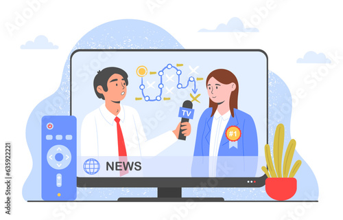 TV journalist with microphone concept. Man interviewing woman. Famous person answers reporters questions. News at television. Mass media with celebrity. Cartoon flat vector illustration
