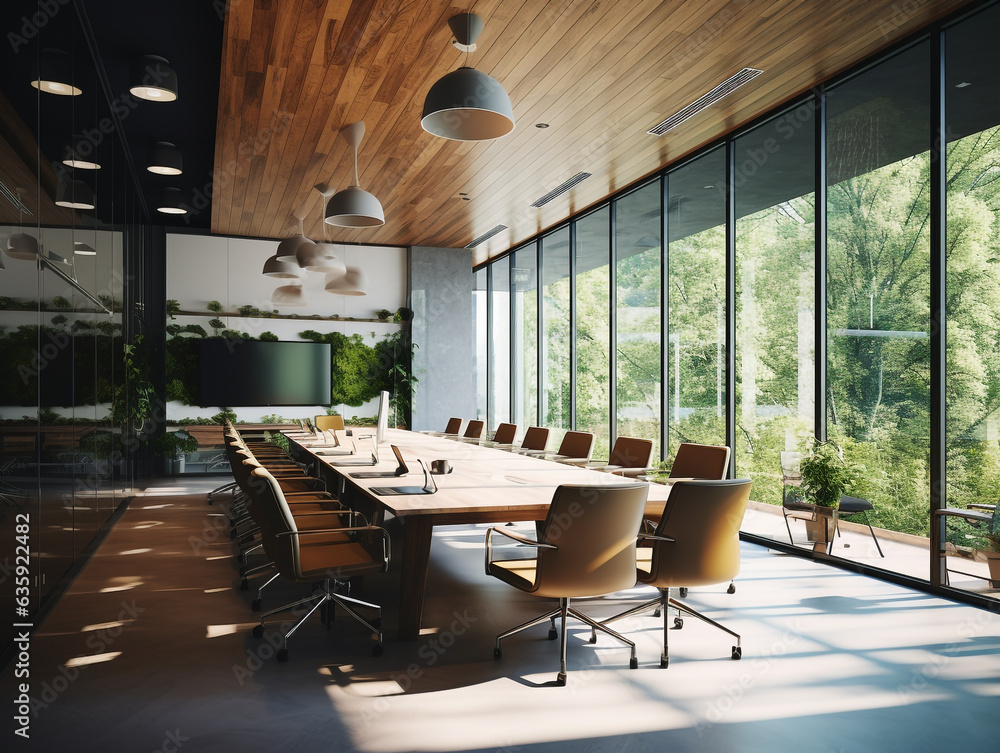 A medium-sized luxury corporate conference room. Has wide windows and glass walls to give the feeling of a wider and brighter space.
