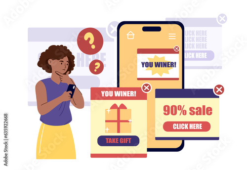 Woman with spam concept. Young girl with smartphone. Advertising messages in social networks and messengers. Discounts and promotions, special offer. Cartoon flat vector illustration