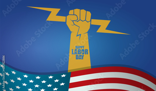 labor day Usa vector label or horizontal background. vector happy labor day poster or horizontal banner with clenched fist isolated on usa flag background . Labor union icon