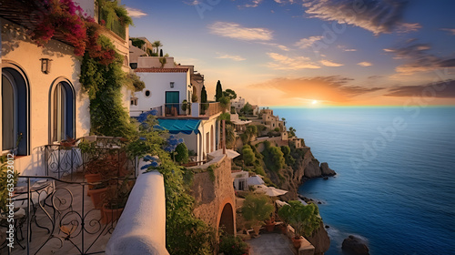 Step into a world of Mediterranean dreams with this enchanting image of idyllic houses. Nestled on a hillside or perched on cliffs, these homes offer panoramic vistas of the azure sea below. With terr