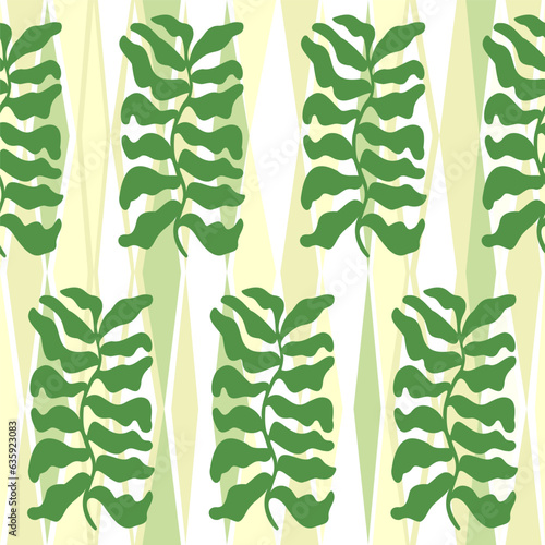 Abstract hand drawn plant in naive Matisse style and geometric pattern of stripes of triangles in pastel green colors. Seamless pattern of decorative modern botanical wall art. Vector illustration