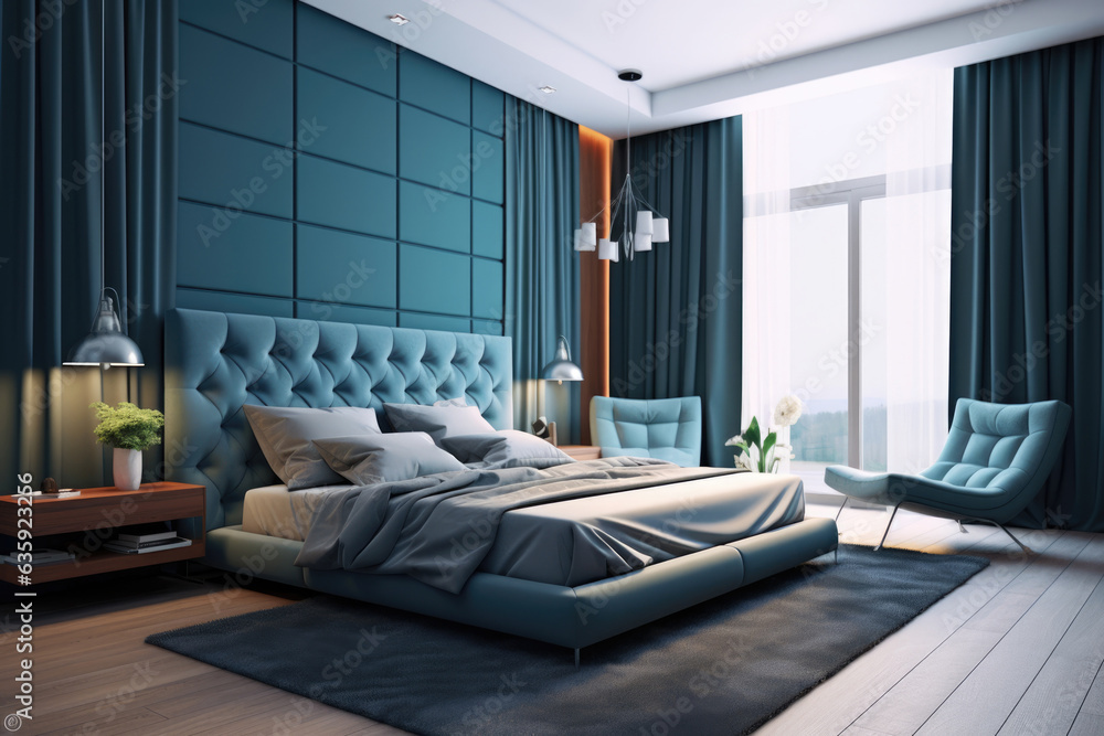 Modern blue bedroom Generative AI Modern blue bedroom Generative AI