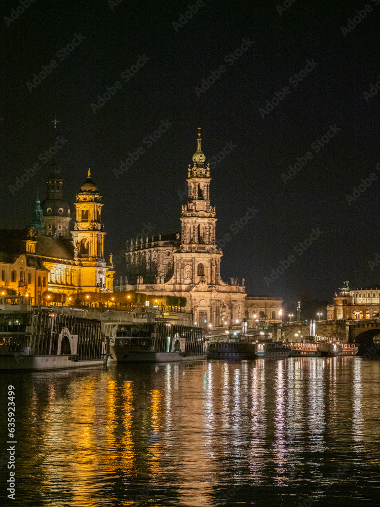 View of modern Dresden by night from across the Elbe River, Saxony, Germany View of modern Dresden by night from across the Elbe River, Saxony, Germany