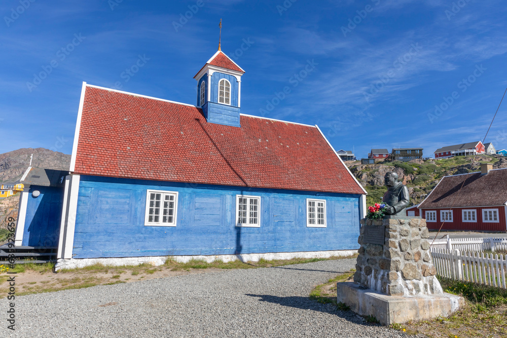 Replica of traditional church and other buildings in the colorful Danish town of Sisimiut, Western Greenland, Polar Regions Replica of traditional church and other buildings in the colorful Danish town of Sisimiut, Western Greenland, Polar Regions