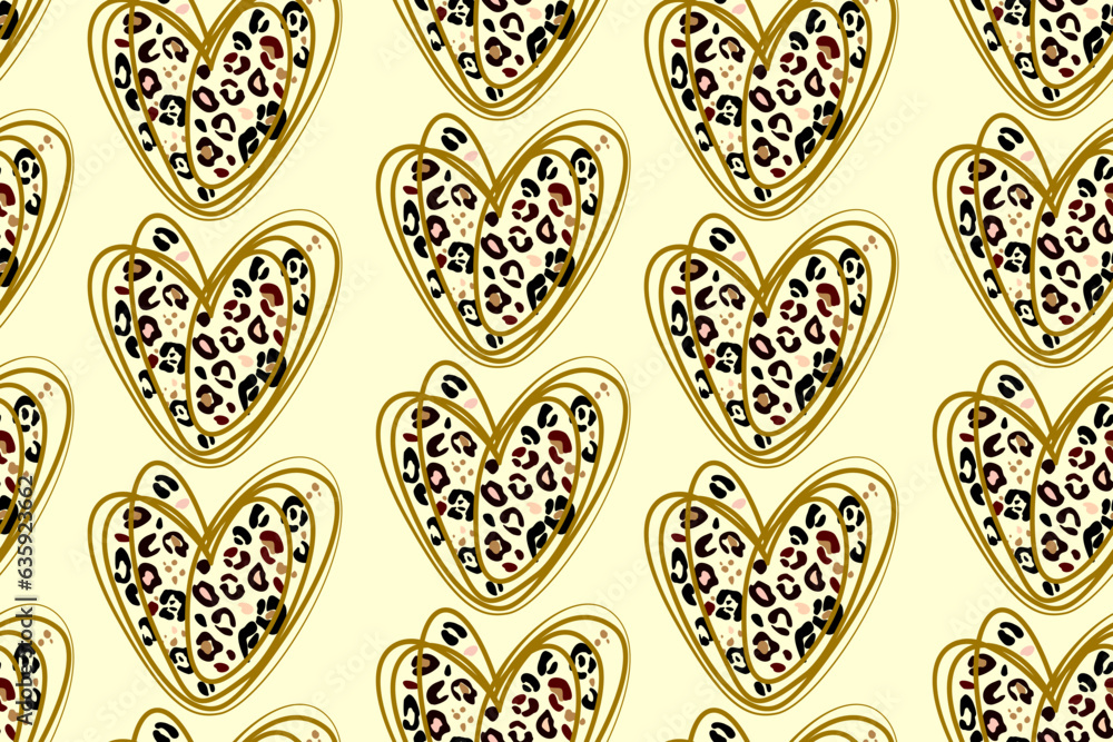 Heart line art and stylized leopard pattern. Seamless pattern with animal skin patches and heart sign on sand background. Concepts love, beauty, fashion. Heart line art and stylized leopard pattern. Seamless pattern with animal skin patches and heart sign on sand background. Concepts love, beauty, fashion.