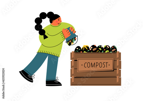 Composting. Woman making compost. Recycling concept. 