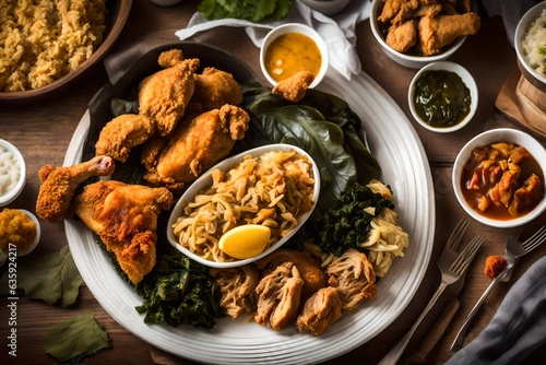 southern soul food with fried chicken and collard greens , Generative ai