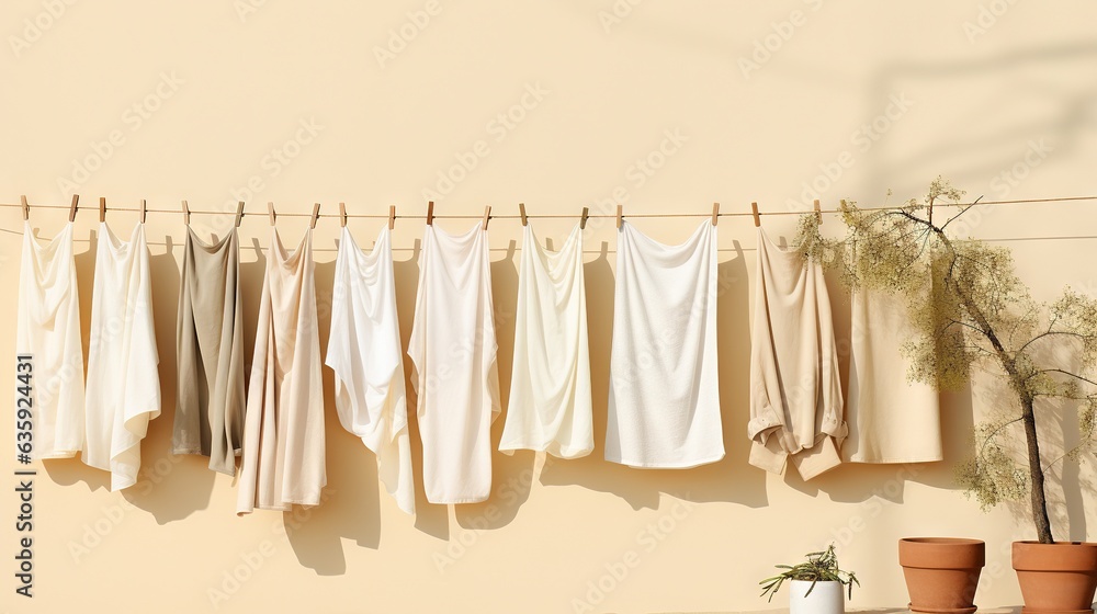  a line of clothes hanging on a clothes line next to a potted plant.  generative ai
