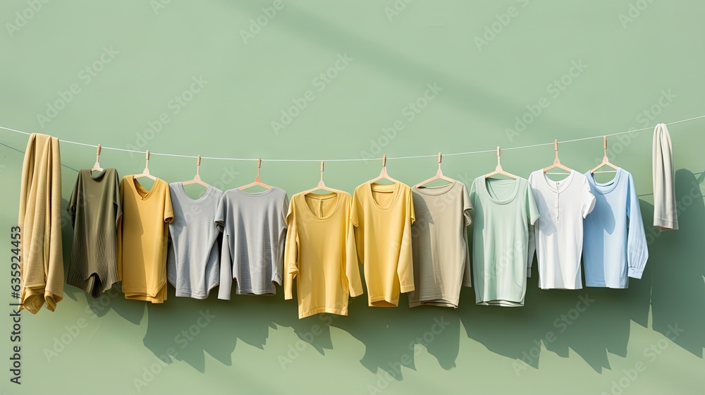  a line of clothes hanging on a clothes line against a green wall.  generative ai