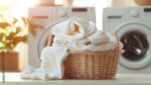  a laundry basket with a pile of white towels next to a washing machine. generative ai