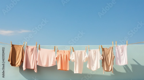  a line of clothes hanging on a clothes line with a blue sky in the background. generative ai