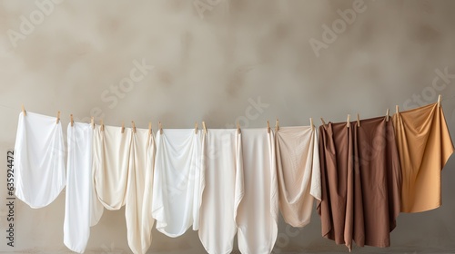  a line of clothes hanging on a clothes line with clothes hanging on a clothes line.  generative ai © Nadia