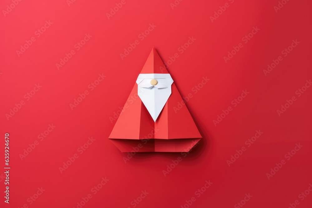 Fototapeta premium Santa Claus craft made of paper, origami Christmas minimal composition. Funny paperwork, winter holidays, red paper.