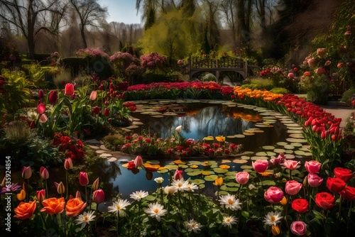 A beautiful garden enchanted with the charm of roses, lilies, and tulips and a pond in the middle - AI Generative