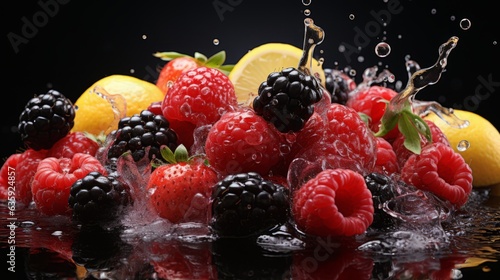 Food photography - background banner with fresh summer fruits with water splash isolated on black background. Generative AI.
