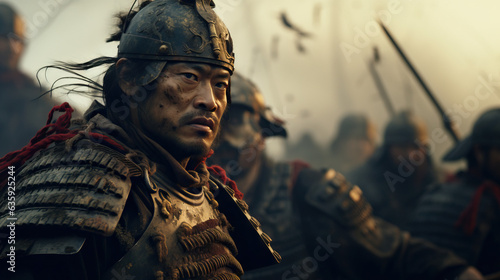 samurai in Armour on the battlefield. Concept of Feudal warfare, warrior tradition, battle attire, armored samurai, historical conflict, battlefield scene, warrior's valor.