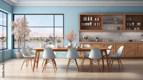 Blue minimalist kitchen room interior with dinning furniture on a wooden floor, decor on a large wall, white landscape in window. Home nordic interior. 3D illustration,
