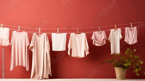  clothes hanging on a clothes line next to a potted plant. generative ai