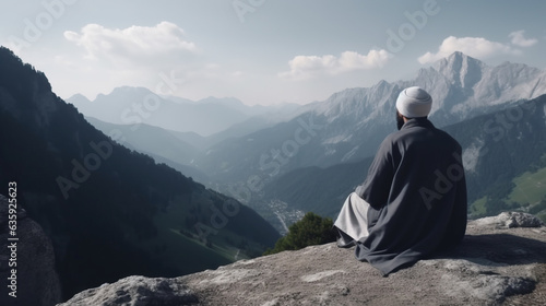 Muslim man praying on a mountain. Sitting. Concept of Spiritual devotion, mountain solitude, prayer ritual, Islamic faith, serene landscape, elevated prayer, contemplative setting, religious practice.