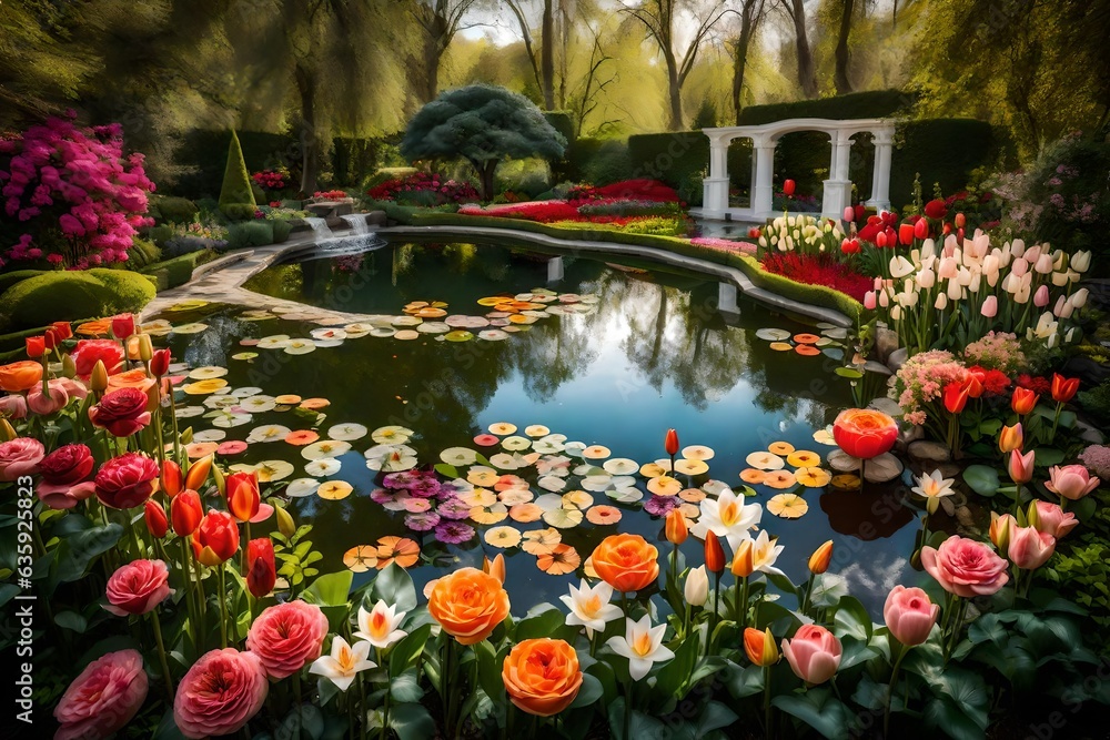 Fototapeta premium A beautiful garden enchanted with the charm of roses, lilies, and tulips and a pond in the middle - AI Generative