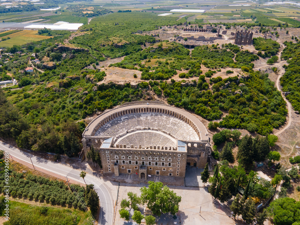 Naklejka premium Amphitheater of Aspendos. Turkey. Ruins of an ancient city. from a drone